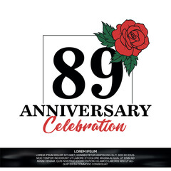 89th anniversary celebration logo  vector design with red rose  flower with black color font on white background abstract  