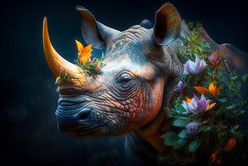 Beautiful rhino in a colorful floral portrait, surrounded by nature - Generative AI - obrazy, fototapety, plakaty