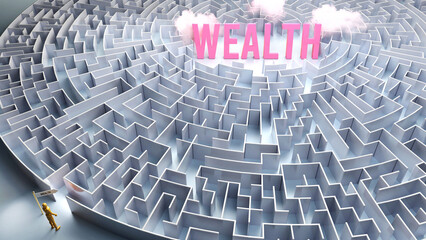 A journey to find Wealth - going through a confusing maze of obstacles and difficulties to finally reach wealth. A long and challenging path,3d illustration