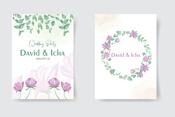 Wedding cards design. Blush pink rose flowers, green leaves bouquets, round frame, white background. Romantic floral arrangements. Invitation template. watercolor vector illustration