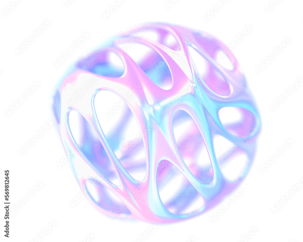 Poster 3d render holographic hollow ball or sphere, liquid chromatic object with gradient pearlescent textu