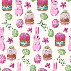 Vector seamless Easter pattern. Easter Bunny, Easter Cakes and Painted Eggs for printing on fabric, scrapbooking paper, gift wrap and wallpaper.