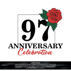 97th anniversary celebration logo  vector design with red rose  flower with black color font on white background abstract  