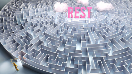 A journey to find Rest - going through a confusing maze of obstacles and difficulties to finally reach rest. A long and challenging path,3d illustration