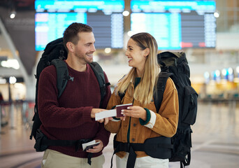 Love, passport or couple in airport to travel on a honeymoon vacation flight or romantic holiday...