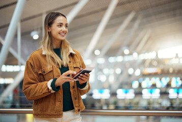 Travel, phone and woman with passport at airport lobby for.social media, internet browsing or web...
