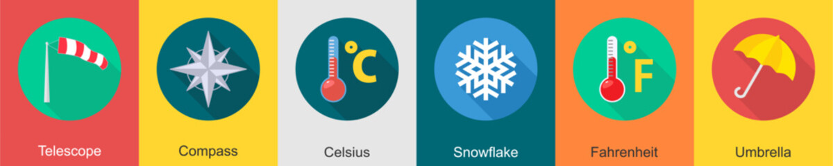 A set of 6 Weather icons as telescope, compass, celsius