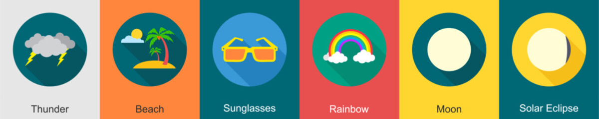 A set of 6 Weather icons as thunder, beach, sunglasses