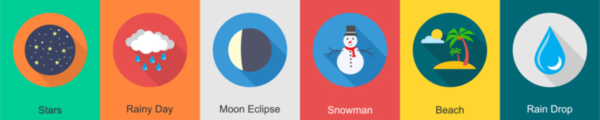 A set of 6 Weather icons as stars, rainy day, moon eclipse