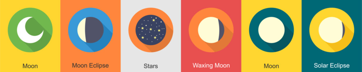 A set of 6 Weather icons as moon, moon eclipse, stars © popcornarts