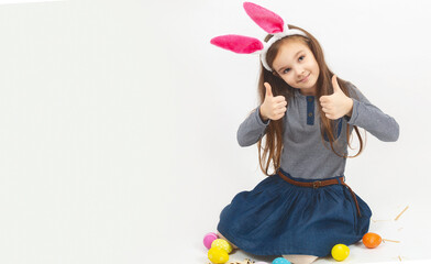 Little pretty kid girl 5 years old isolated on white background children studio portrait. Childhood. Happy Easter concept