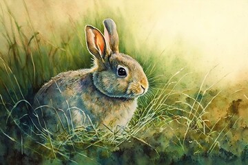 Watercolor painting of rabbit in green grass. Abstract watercolor illustration of fluffy rabbit. Generative AI illustration.