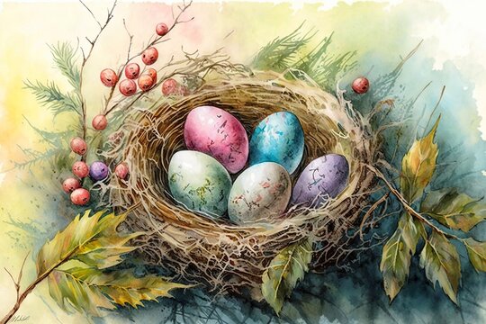 Watercolor painting of a bird nest with color Easter eggs. Easter bird nest with color eggs. Easter decoration. Generative AI illustration.