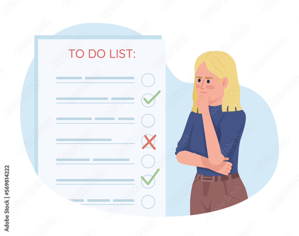 Poster prioritizing tasks in list flat concept vector illustration. editable 2d cartoon character on white 