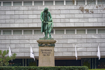 Bronze statue of Johann Heinrich Pestalozzi made by Hugo Siegwart 1898 at famous Bahnhofstrasse at...
