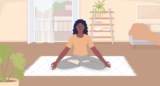 Spiritual mindfulness meditation flat color vector illustration. Young woman with closed eyes on throw rug. Fully editable 2D simple cartoon character with cozy living room interior on background