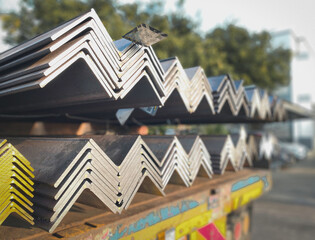 Angle steel angle Metal profile angle in a pack at a metal product warehouse Thailand Steel angle cut from a steel mill ready to ship