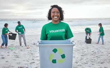Recycle, box and portrait of woman at beach for plastic, environment or earth day cleaning....