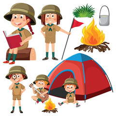 Fototapeta premium Set of camping kids cartoon character