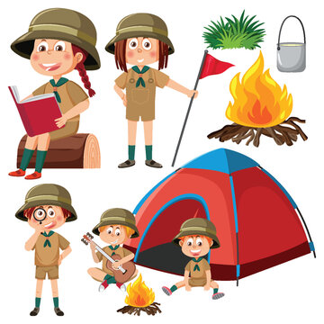 Set Of Camping Kids Cartoon Character