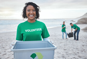 Recycle, smile and portrait of woman at beach for plastic, environment or earth day cleaning....