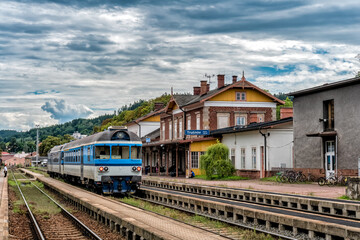 Fototapeta na wymiar Czech Diesel regional train waiting for deprature in Trutnov