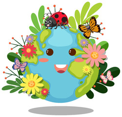 Cute earth character with insect and flower