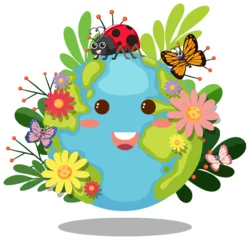 Fotobehang Cute earth character with insect and flower © brgfx