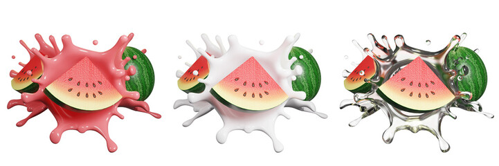 watermelon and milk liquid splash 3d render with transparent background