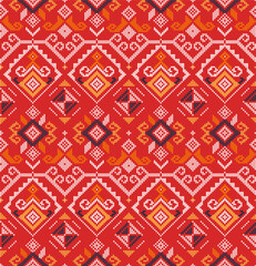 Filipino folk art Yakan weaving inspired vector seamless pattern on red background - geometric design perfect for textile or fabric print

