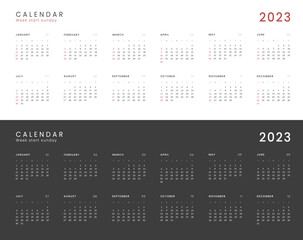 Set of 2023 Annual Calendar template. Vector layout of a wall or desk simple calendar with week start Sunday. Calendar design in black and white colors, holidays in red colors.