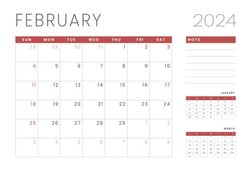 Monthly Calendar Template of february 2024. Vector layout of a wall or desk simple calendar with week start sunday