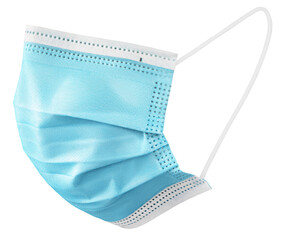 Blue medical protective face or surgical earloop mask isolated on transparent background. Monkeypox...