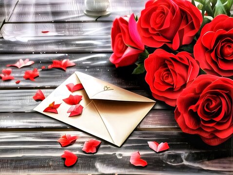 Roses and a letter. Beautiful pictures of red roses and envelopes on the wood. Happy Valentine's Day.