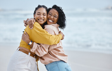 Beach, hug and happy couple of friends for lgbtq, queer love and freedom on vacation together in gen z youth. Black woman and partner on a date, relax and excited for valentines holiday by the ocean