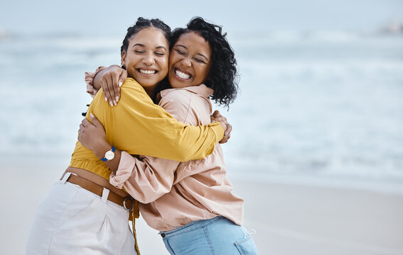 Beach, Hug And Happy Couple Of Friends For Lgbtq, Queer Love And Freedom On Vacation Together In Gen Z Youth. Black Woman And Partner On A Date, Relax And Excited For Valentines Holiday By The Ocean