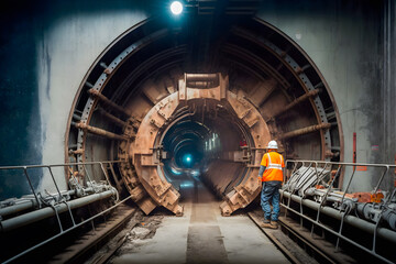 Engineer to wear orange helmets vests safety. Technician control underground construction working shaft. Transport pipeline tunnel boring machine method for electric train subway. Generative AI. - obrazy, fototapety, plakaty
