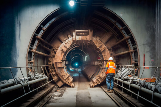 Fototapeta Engineer to wear orange helmets vests safety. Technician control underground construction working shaft. Transport pipeline tunnel boring machine method for electric train subway. Generative AI.