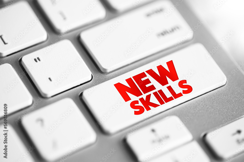 Poster new skills text concept button on keyboard for presentations and reports