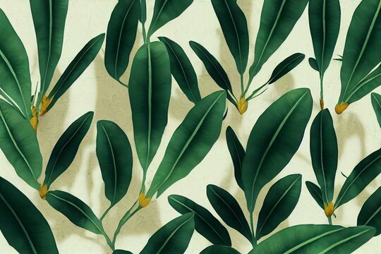 Drawn exotic tropical leaves on concrete grunge wall. Floral background. Design for wallpaper, photo wallpaper, mural, card, postcard. Generative AI © Petr