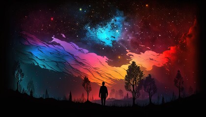 Obraz na płótnie Canvas dreamlike gradient sky at night time, a man stargazer watch at starfield, idea for background wallpaper, Generative Ai 