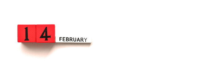 Banner. The inscription February 14 made of wooden cubes is isolated on a white background