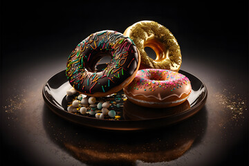 Naklejka premium Doughnuts on black background created with generative AI technology