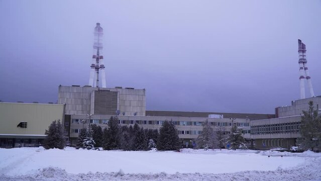 a shot of Ignalina Nuclear Power Plant in Lithuania in cold snowy winter