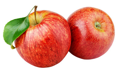 Two ripe red apple fruits with green leaf isolated on transparent background.