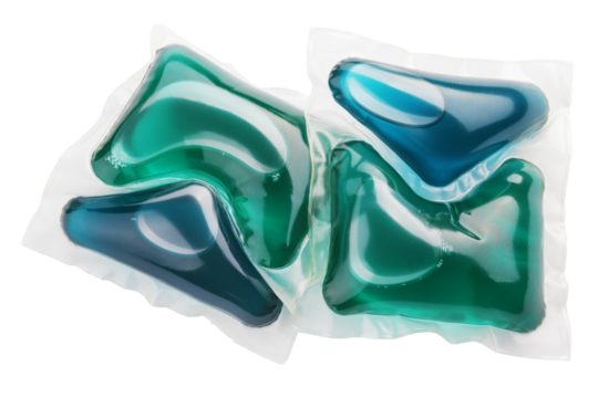 Two washing gel capsule pods with laundry detergent isolated on transparent background