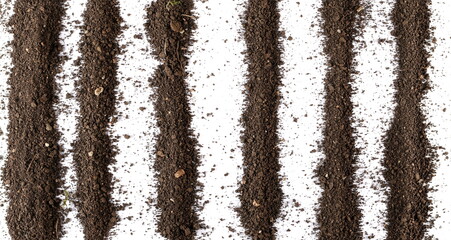 Pile of soil, furrow isolated on white background, top view
