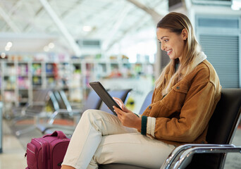Tablet, travel and woman relax in airport lobby, social media or internet browsing. Immigration,...