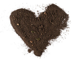 Pile of soil in shape heart, dirt frame isolated on white background, top view