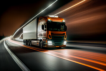 Fototapeta na wymiar Truck driving on highway at night, car headlight light trail speed motion blur,futuristic logistic transportation background, AI generated